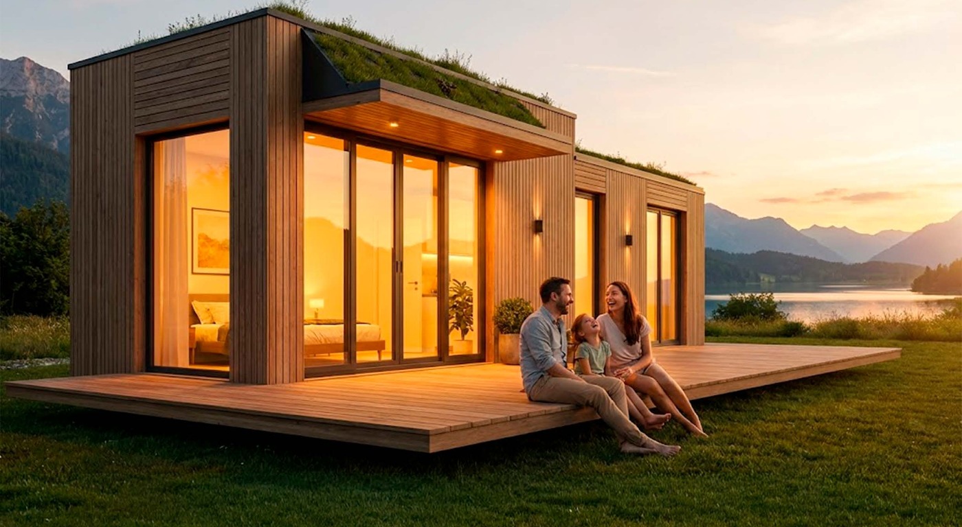 Família em frente à casa modular Sanja Smart